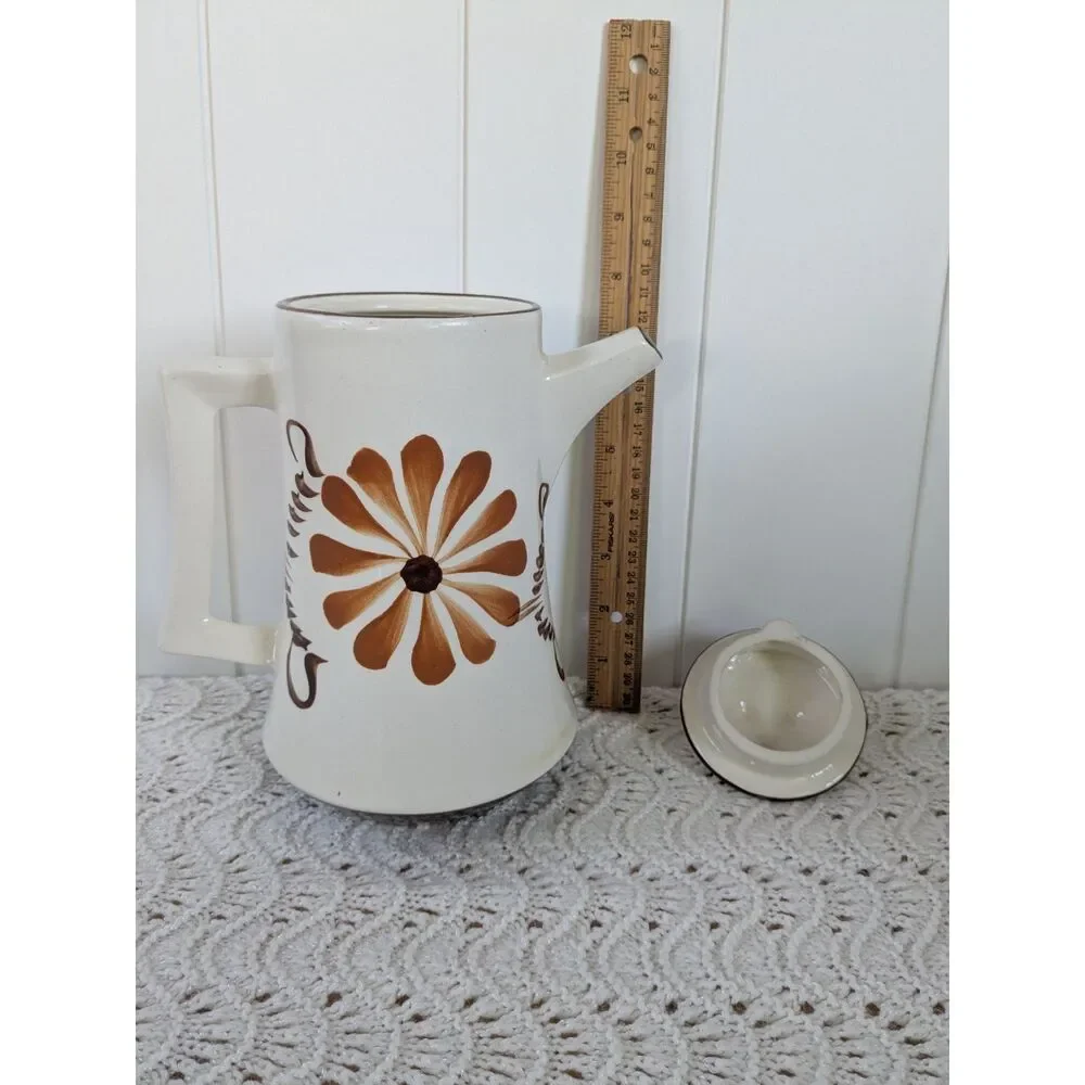 Retro Style Hand Painted Ceramic Coffee Pot - Brown Flowers